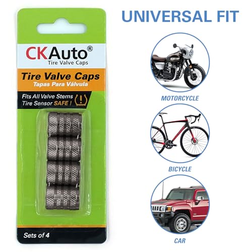 Image of CKAuto Tire Valve Stem Caps, Grey, 4 pcs /Pack | Anodized Aluminum Tire Valve Cap Set, Corrosion Resistant, Universal Stem Covers for Cars Trucks Motorcycles SUVs and Bikes