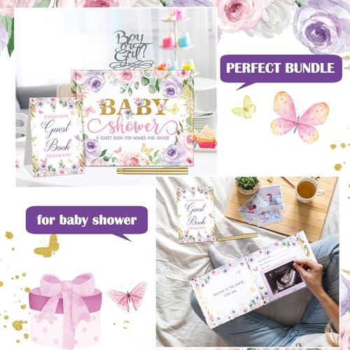 Image of Fuyoooo 27 Pcs Butterfly Floral Baby Shower Guest Book Set Baby Shower Sign in Guest Floral Book Place Table Cards with Gold Pen Adhesive Photo Corner for Birthday Party