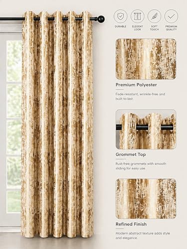 Image of HUTI Home Room Darkening Door Curtain for Home | Heavy Polyester Knitted Jacquard Look Eyelet Curtain | Texture Print | Gold | 7 Feet (120 x 213 cm) | Set of 2