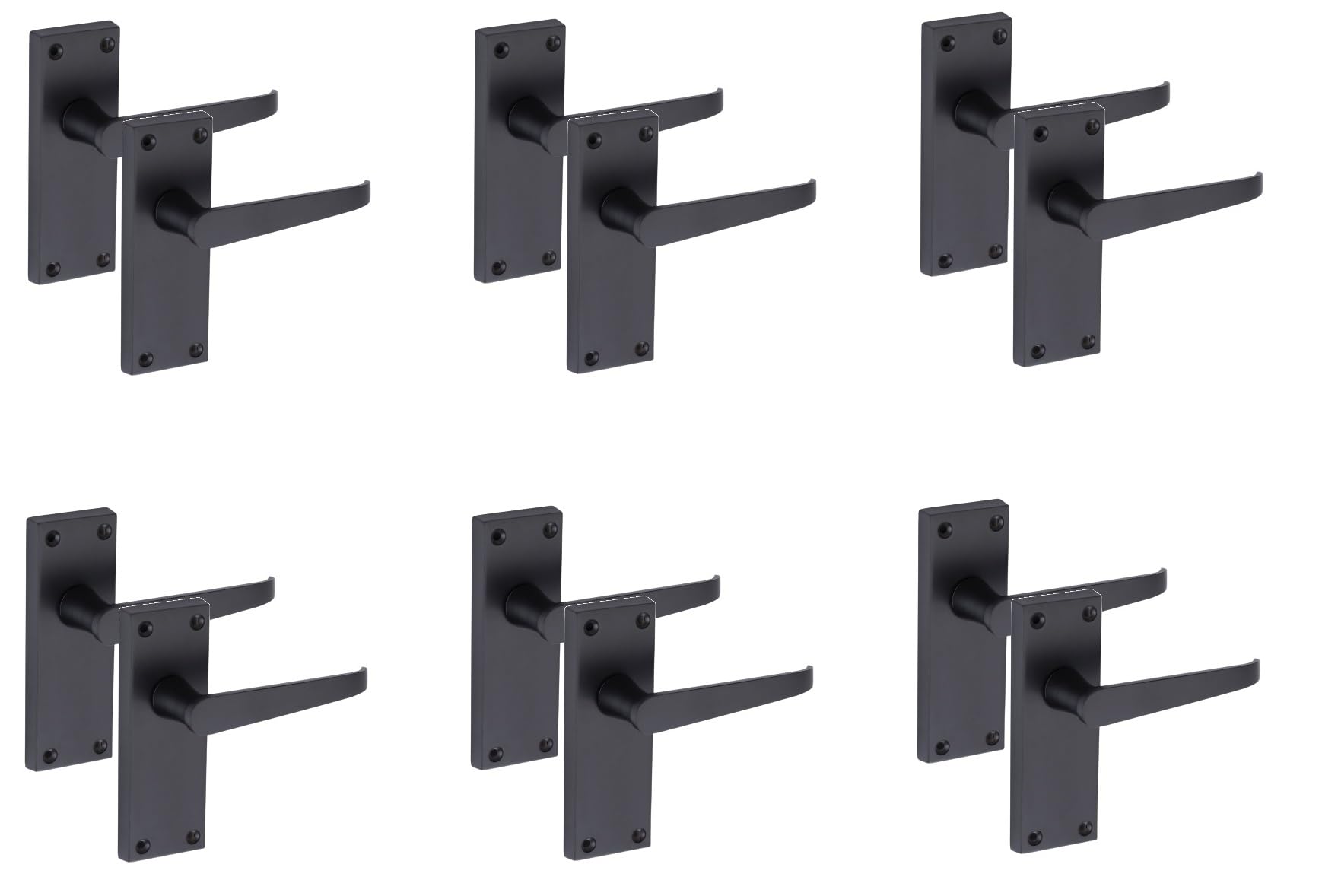 Golden Grace 6 Pair of Victorian Straight Handle Latch Door Handles in Matt Black with 120mm x 40mm Backplate