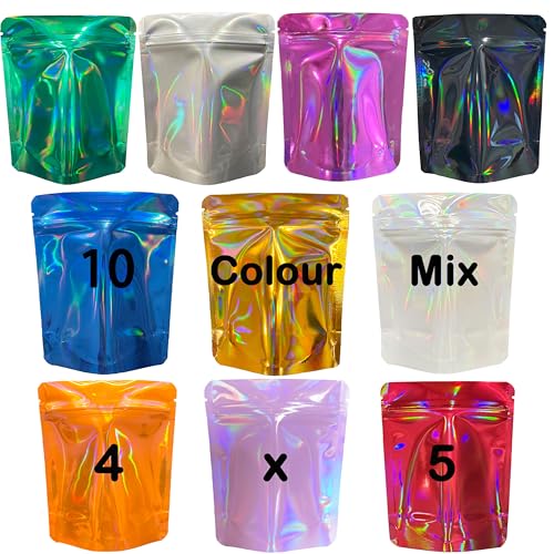 YINGZON 100 Pack Premium Smell Proof Mylar Bags, 10 Colors Mixed Resealable Storage Bags with Double-sided Holographic Printing, 5" x 4" Aluminum Foil Stand-up Packaging Bags. (Mix)