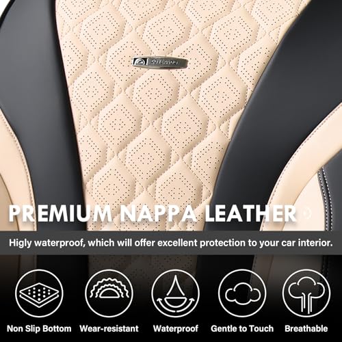 Image of Coverado Car Seat Covers, Seat Covers Full Set, Black Beige Car Seat Cover, Perforated Diamond Leather Seat Covers for Cars, Luxury Car Seat Cushion, Auto Seat Covers Universal Fit Most Cars