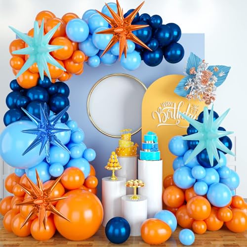 Image of TONIFUL 8 Pcs Blue Orange Explosion Star Foil Balloon Party Decoration | 22 Inch Large Mylar Star Balloons for Under the Sea Baby Shower Dogs Themed Birthday Summer Surf Beach Party Decor