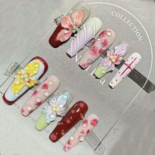 ギャル 贅沢 ネイルチップ 手作り立体花 グラデーション ネイルチップ カラフル フェイクネイル ハートプリント ロング台型ネイルチップ 誕生日パーティーネイルチップ 10枚セット 長め 付け爪 チップ 両面接着テープ付き (立体花, S)
