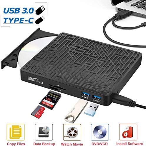 Gincleey External CD DVD Drive, 2-Port Hub USB 3.0 with Type-C SD/TF Card