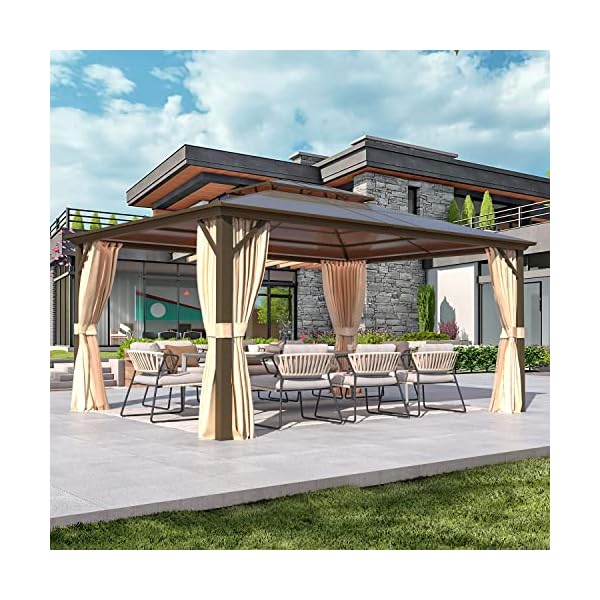 EROMMY 12' x 14' Gazebo Polycarbonate Double Roof Canopy with Aluminum Frame, Outdoor Permanent Metal Pavilion with Netting and Curtains for Garden Patio Lawns
