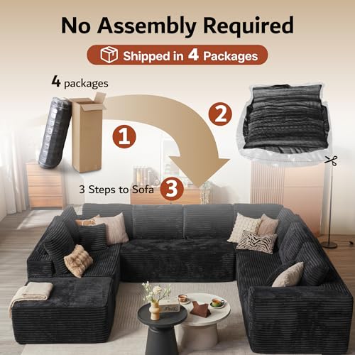 ovios Sectional Cloud Couch for Living Room, Modular Floor Sofa with Plush Corduroy, No Assembly Required, Big Comfy Couches Set with Fluffy Memory Foam, Stupendous U Shaped Sofas with Chaise, Black