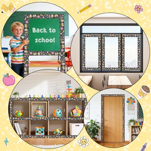 Image of BeYumi Composition Rolled Border Trim - 65ft Back to School Composition Pencil Bow Scalloped Rolled Border Trim Ruler Apple Bulletin Board Set School Classroom Office Chalkboard Party Holiday Decor