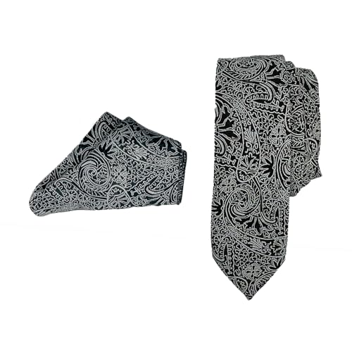 Image of Caruso Italy Black Printed Tie with pocket square for Men Silk Necktie, Wrinkle-Resistant, Ideal for Business, Weddings, Office, and Casual Wear, Classic and Stylish Gift
