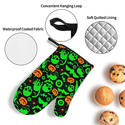 Green Ghost Horror Halloween Pumpkin Printed Oven Mitts And Pot Holders Heat Resistant Potholders Oven Gloves And Pad For Baking Kitchen Grilling - 4 Set #TOP5