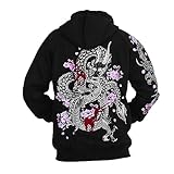 [lillà] リッラ パーカー 黒 メンズ 大きいサイズ 厚手 刺繍 アウター 和柄 龍 竜 ドラゴン 龍神 桜 柄 フード 裏地 ライトアウター バイカーズ 男女兼用 レディース ユニセックス スカ スカジャン（ブラック、XLサイズ）