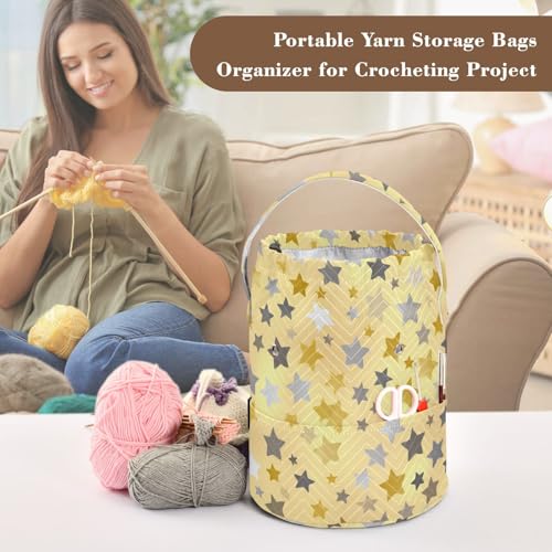 Image of ElliTarr Crochet Bag Yarn Bag with Handle Portable Knitting Project Bag Travel Yarn Storage Organizer Holder Case Cute Silver and Golden Stars
