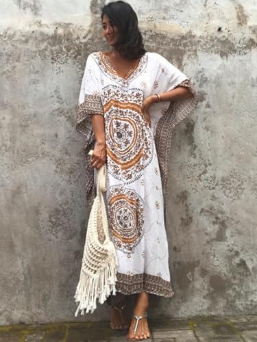 Image of Kaftan Dresses for Women Plus Size Summer Beach Dress with Print and Swim Cover Ups Khaki