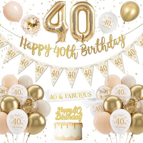 Décoration 40 Ans Blanc Or - Ballons, Banderole Joyeux Anniversaire, Confettis et Latex pour Femme
