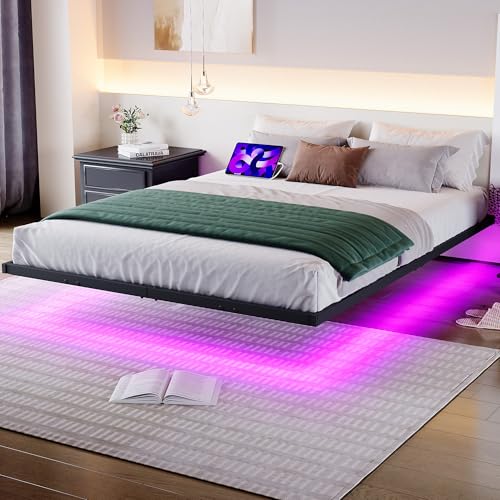 HOJINLINERO Bett 140x200 mit LED Beleuchtung und Ladestation Bettrahmen 140x200cm Schwebebett, Jugendbett, Metallbett mit Lattenrost Doppelbett Robust und Stabil,Gästebett Leichte Montage