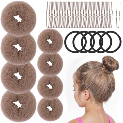 FANDAMEI Donut Bun Makers- 4PCS Extra Small 4 PCS Small Hair Bun Maker for Kids Ballet Bun Donuts for Hair with 5 Elastic Hair Ties and 40 Pins (Tan Brown)