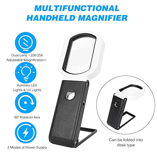 Lechnical Lupa portátil Lupa multifuncional 10X / 25X Ampliação ajustável Espelho de leitura quadrad