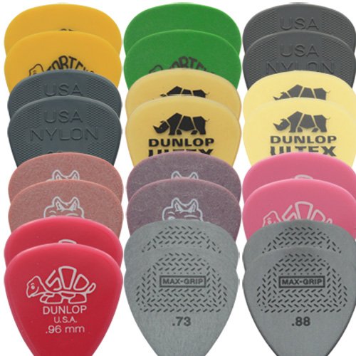 Jim Dunlop Lot de 24 plectres dans boîte à plectres Dirty Riffs 2 par type Tortex Nylon Ultrex Gator Delrin Max Grip Taille moyenne