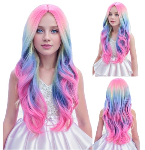 Image of PATTNIUM Child Kids Colorful Wigs Long Curly Wavy Multicolor Wig for Girls Kids Rainbow Wig Colored Synthetic Cosplay Party Halloween Wigs(Colorful)