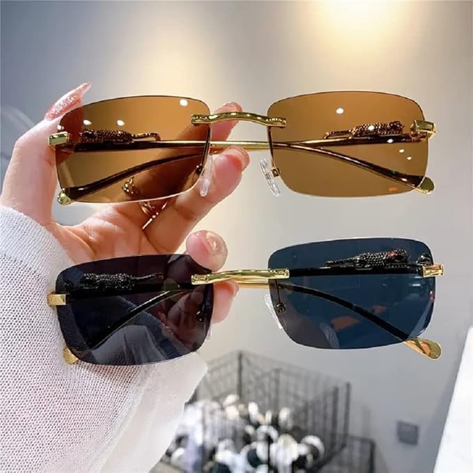 Rimless Rectangle Sunglasses, Gold Metal Frame, Brown and Grey Tinted Lenses, Stylish Unisex Eyewear-image-40