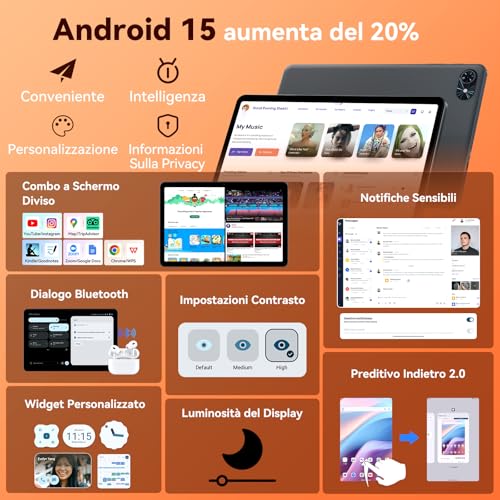 TABWEE T80 Tablet Android 15 con Gemini AI, 12 GB RAM + 128 GB ROM (2 TB TF), Tablet 10 pollici, Bluetooth 5.0 | 5G WiFi | Batteria 6000 mAh | Display 1280 x 800 | Jack 3,5 mm | Tipo-C | WPS | GPS - Immagine 2