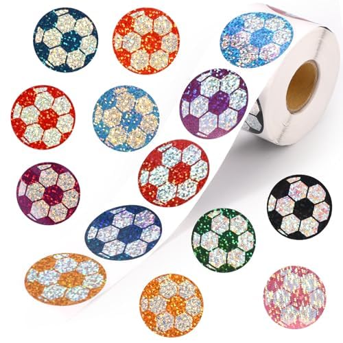 Penitue 1000pcs Soccer Stickers, 0.98in/2.5cm Multi-Color Holographic Football Decals Sign Label Sports Ball Stickers for Laptop Phone Case Scrapbook Water Bottles