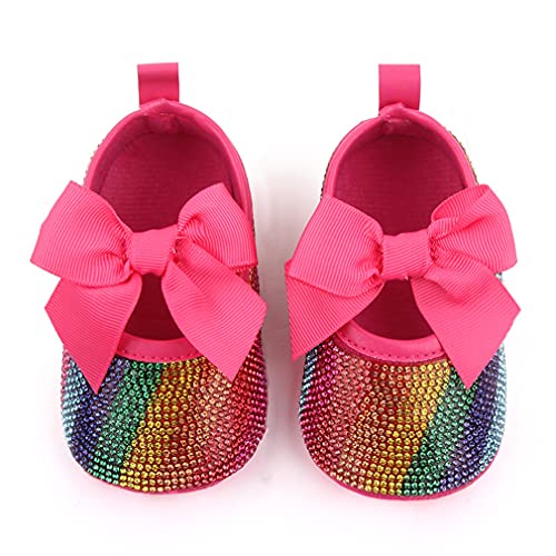 Baby Girls Mary Jane Flats Sparkly Bow Diamonds Princess Dress Shoes Anti-Slip Infant Crib Shoes (0-6 Months Infant, Rose-Rainbow) #TOP4