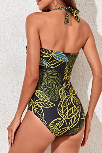 Image of Smismivo Tummy Control Swimwear Halter One Piece Slimming Vintage Retro Swimsuit Womens Ruched Push Up Bathing Suit