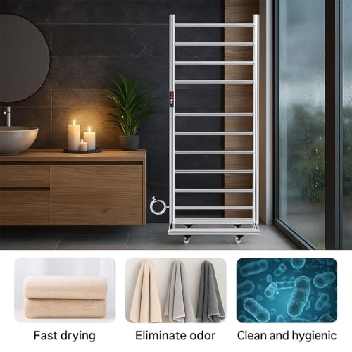 Image of MORZZE MTW-11050 Electric Towel Warmer, 8 Bars 95W SUS 304 Stainless Steel Heated Towel Rack, Floor Standing & Wall Mounted, Adjustable 30-60C, 1-8H Timer, Bathroom Towel Dryer