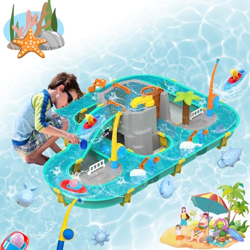Wassertisch Spielzeug, Wasserspieltisch Kinder Outdoor, Wasserbahn Kind Draußen, Geeignet Für Kinder Ab 3+ Jahren, Enthält Angelspielzeug, Boote, Tierspielzeug