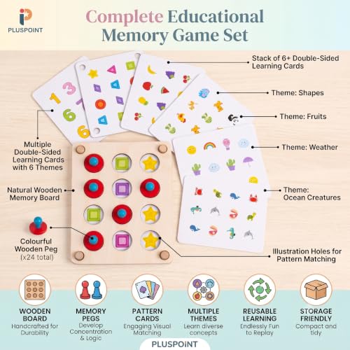 Image of PLUSPOINT Wooden Memory Matching Puzzle Game for Kids | Montessori Memory Match Board with Color Pattern Cards | Educational Brain Training Toy for Preschool Early Learning Age 3+
