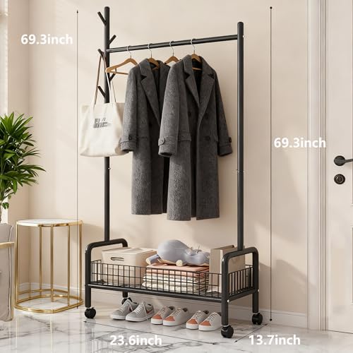 MYUPDALIN Rolling Metal Clothes Rack with Shelves & Storage Basket, Black by MYUPDALIN - Used condition - Image 4