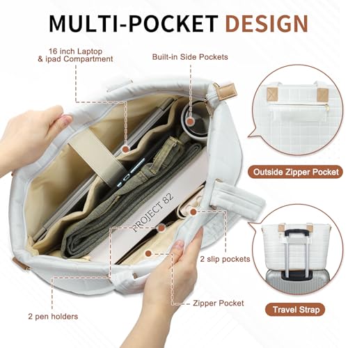 Large Travel Tote Bag for Women, Quilted Puffy Tote Bag with Detachable Shoulder Strap, Laptop Work Bag W/Handbag4