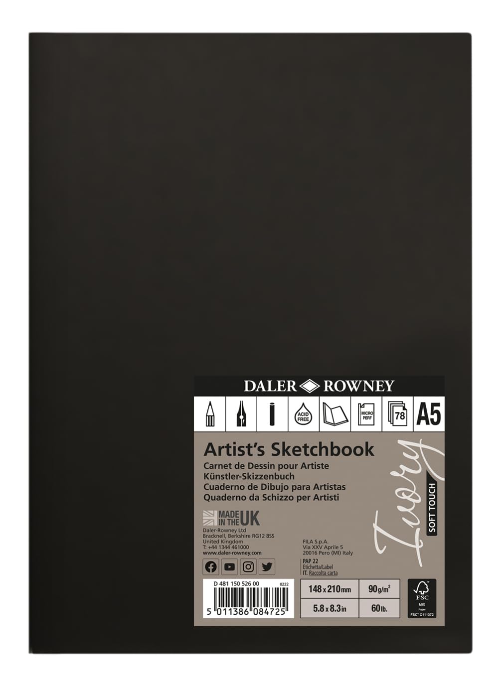 Daler-Rowney Ivory Sketchbook, Soft Touch Softbound, 90gsm, A5 Portrait, Natural White, 78 Sheets, For Professionals