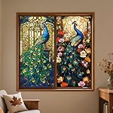 ANATTASOUL Fensterbilder Doppelseitig Pfau Und Blumen Fensterdeko Wiederverwendbar Fenstersticker...