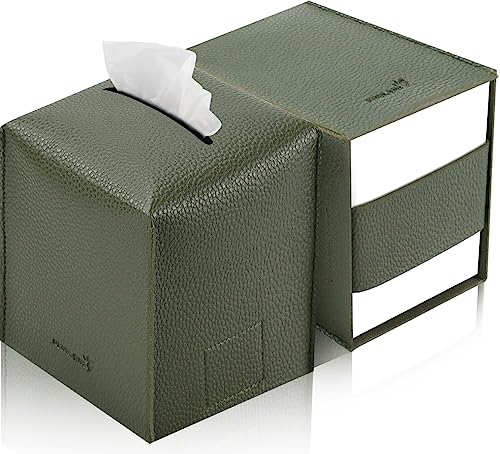 PENGLONG Tissue Box Cover 5X5X5'' PU Leather Tissue Holder Square Tissue Cube Box Organizer for Bathroom Vanity Countertop, Car, Night Stands, Office, Home, Kitchen (2Pack, Dark Green)