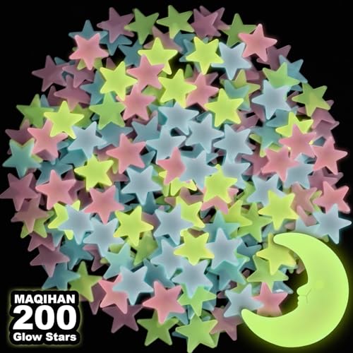 MAQIHAN 200 Glow in The Dark Stars for Ceiling - Glowing Stars and Moon Stickers Estrellas que brillan en la oscuridad para el techo de cuarto Plastic Space Galaxy Decals Bedroom Wall Decorations