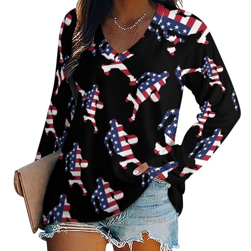 Oudrspo Basketball Player U.s. Flag Women's Long Sleeve Shirts V Neck Tees Casual Loose Tops Trendy Basic Blouse
