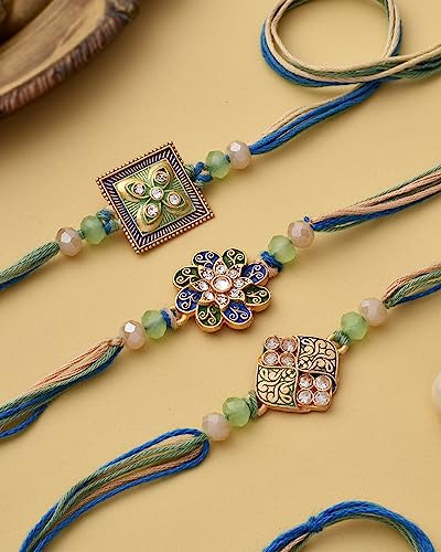 Image of Rakhi Combo For Brother Rakhi Set Of 3 Rakhi For Brother Set Of 3 Mixed Dry Fruits & Nuts Dry Fruits Combo Pack Small Pet Jars Pack Of 4 Dry Fruits Cashew Walnut Almond Earth And Sky Rakhi Set Of 3