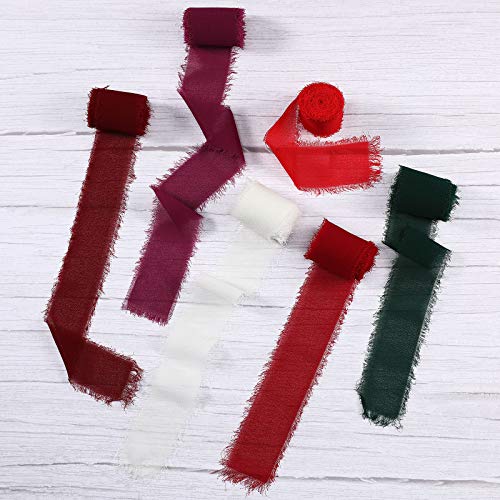 6 Rolls Handmade Fringe Chiffon Silk Ribbon 1.5" X 3 Yd Colorful Ribbon For Wedding Invitations, Bridal Bouquets, Gifts Wrapping, Diy Crafts (Red And Green Set) #TOP3