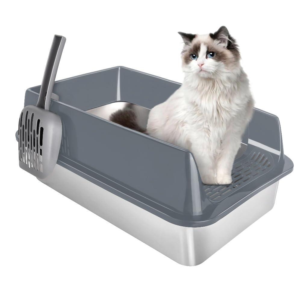 Maison de Toilette pour Chat,Bac à Litiere Haute en Acier Inoxydable, Bac Litiere pour Chat, Cat Litter Box, Pelle, 60 x 40 x 30 cm (Acier Inoxydable) (Gris)