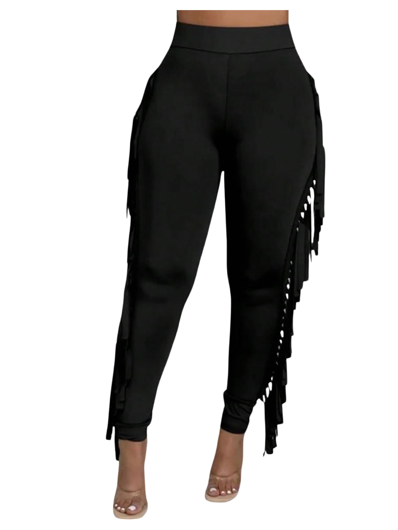 WDIRARA Womens Plus Size Elastic Waist Fringe Trim Pants Stretch Skinny Pants