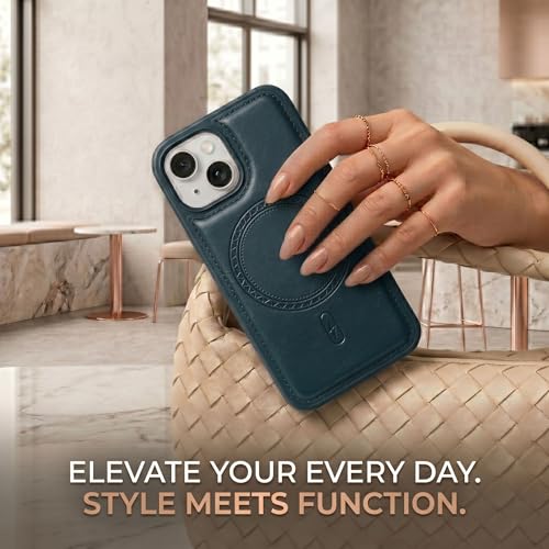 Image of amazon basics Premium PU Leather Case for iPhone 14, MagSafe Compatible Magnetic Ring, Sleek Protective Back Cover - [Blue]