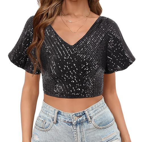 Testudineus Womens Sequin Ruffle Tops Short Sleeve Sparkly Crop Shirt Glitter Concert Disco Party Club Top Tee