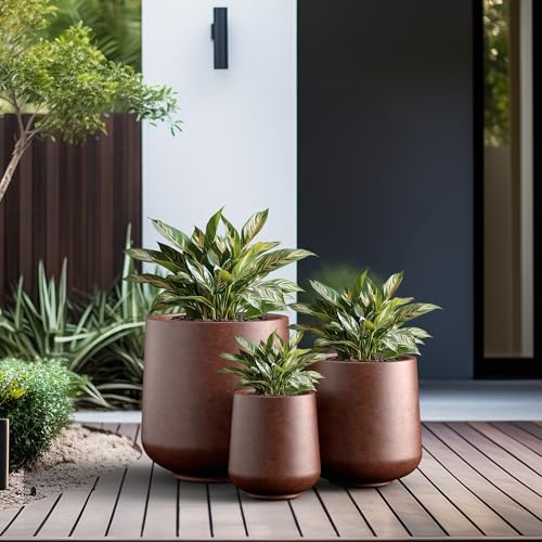 Image of Kante Set of 3 Rusty Concrete Curved Planters 16.5 inch 13 inch 9.4 inch Dia | Drainage for Outdoor, Rubber Plug for Indoor Home, All-Weather Cement Pot, Handcraft, Lightweight & Durable, Anti-UV, Round