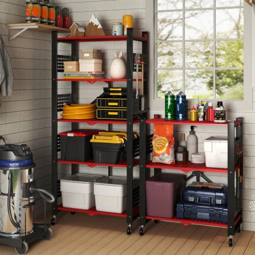 Image of 3-Tier Folding Shelf with Roller Casters for Storage Required. | Heavy-duty steel folding shelf Side Pegboard Construction Garage Shelves, Red And Black Perforated Shelves, No assembly