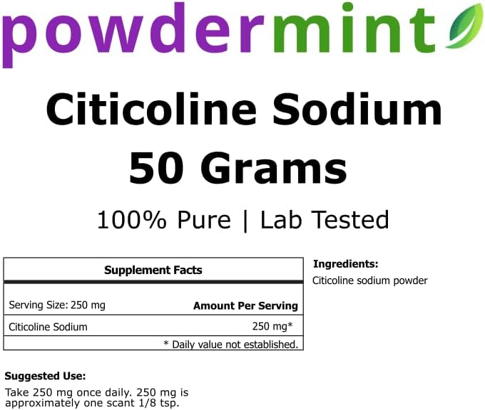 Vista 2 de powdermint Citicoline CDP Colina en polvo 1.76 oz 100% puro con cuchara, suplemento cognitivo para la memoria y el aprendizaje (1.76 oz)