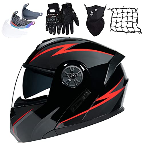 KILCVEM Casco Moto Modular Dot/ECE Homologado Juegos de Cascos de Motocicleta Abatibles con Visera, Casco Integral de Carreras Scooter para Hombres y Mujeres Adultos - Rojo Negro,L