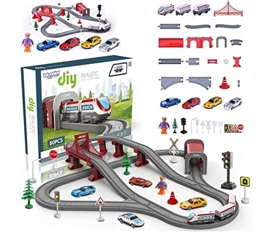 Image of DIY Realistic Track and Train for Kids, DIY 80pcs Remote Control City Track Electric Train Track Set for Children City Rescue Game Playset Gifts for Kids (Realistic Train Track)