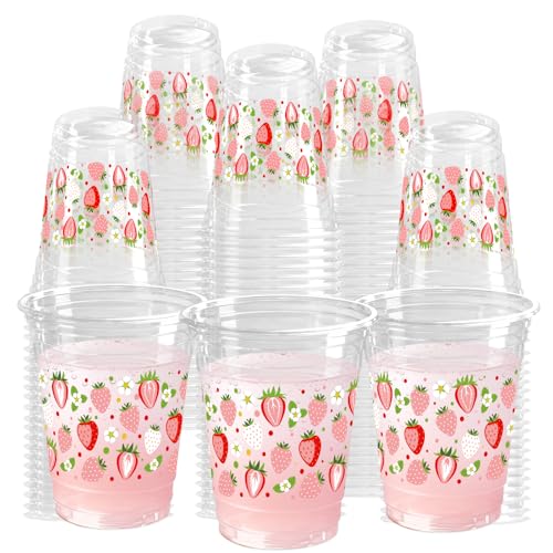 KOPOOEOE 100 Pack Strawberry Plastic Cups 16 oz Pink Red Fruit Flower Disposable Cup Clear Strawberry Summer Spring Party Favor Drinking Cold Beverage Cup for Party Supplies
